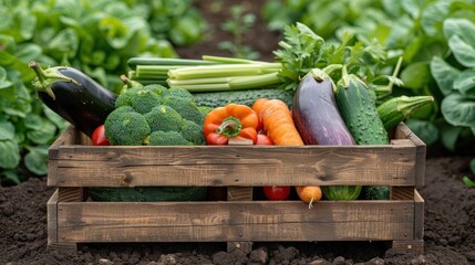 Wall Mural - Fresh organic vegetables in a wooden box on the background of a vegetable garden.Cabbage, pepper, eggplant, carrot, cucumber. Raw healthy food concept. Generative AI