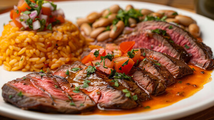 Wall Mural - Authentic colombian cuisine featuring juicy grilled steak, aromatic rice, beans, and fresh pico de gallo on a white plate