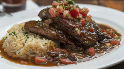 Wall Mural - Traditional colombian dish featuring grilled meat with fresh tomato salsa, served with seasoned rice and beans on a white platter