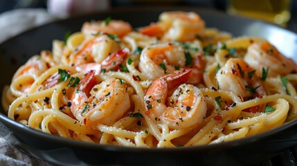 Poster - Bowl of Shrimp and Pasta on Table
