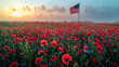 American flag waving beside the tombstone. Wild red poppies grow on the hero's grave, Illustration of United States of America memorial day celebration, copy space