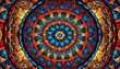 Mandala background with stained glass effect and primary colors. Kaleidoscope art lovers and artistic design. Mandala patterns with stained glass and kaleidoscope effect for dynamic generative ai