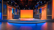 A stylish talk show set with modern design elements and professional lighting, showcasing an empty chroma screen in the background, ideal for adding personalized branding and digital effects