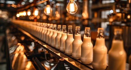 Poster - a row of bottles of milk on a shelf in a store