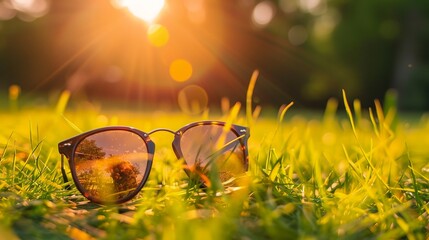 a pair of sunglasses sitting on top of a lush green field of grass