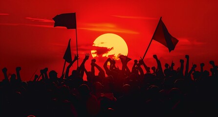 a crowd of people holding flags at sunset