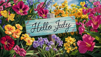  Bright and cheerful Hello July with vivid spring flowers.