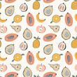 cute seamless pattern with exotic fruits, illustration in doodle style