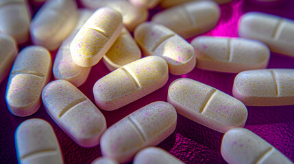 Top-down view of pills on a purple backdrop, showcasing