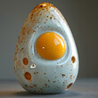 A 3D rendered image of a unique speckled egg resembling a fried egg, surreal and artistic in concept, rocket, spaceship design, protein breakfast low calories keto diet, food art photography