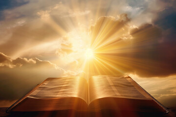 Wall Mural - Bright sun light and bible book silhouette of the Holy Jesus Christ guiding the bright path.	