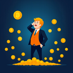 Poster - Cartoon unhappy trader businessman with falling crypto currency bitcoin 