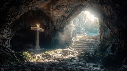 Wall Mural - Empty Tomb Cave - Symbolic Representation of Christ's Resurrection - AI Generated