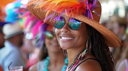 Festive Kentucky Derby Spectator Sipping Mint Julep in Vibrant Feathered Hat Amid Cheering Crowd