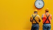 Two construction workers observing large clock on yellow wall