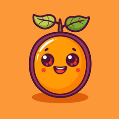 Wall Mural - A cartoon Passion fruit with a green leaf on top. The fruit is smiling and has a cute expression