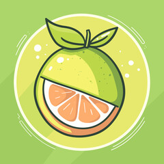 A cartoon drawing of a green Pomelo with a leaf on top. The Pomelo is cut in half, revealing its juicy, citrusy interior. The drawing is vibrant and playful, with a sense of freshness and energy
