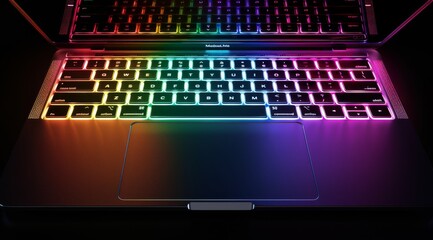 Closeup of the keyboard on an open laptop, with each key illuminated in different colors of the rainbow, creating a beautiful and colorful display