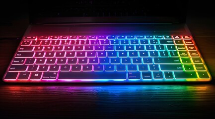 Closeup of the keyboard on an open laptop, with each key illuminated in different colors of the rainbow, creating a beautiful and colorful display