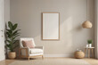 © rodrigo - Poster frame mock-up in home interior background, living room in beige and brown colors,3d render