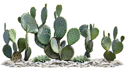 group of green opuntia cactus tree, isolated on white background, PNG, cutout, or clipping path. interior or garden design elements