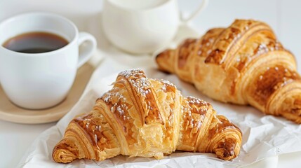 Wall Mural - Croissant in bright white environment, with cup of coffee and milk . Generative Ai