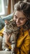 © AIGC JOE - A woman sitting on the sofa in her living room, playing with and petting an adorable grey cat while smiling happily at it.