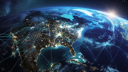 Wall Mural - Digital map of North America showing global network connections, data transfer and connectivity between the USA, Canada and Mexico depicted in space over the earth at night.