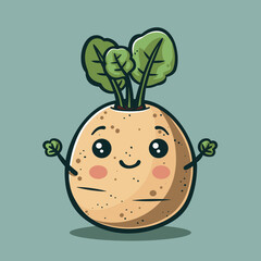 Wall Mural - A cartoon Yam fruit with a leaf on top. The fruit is smiling and has a happy expression