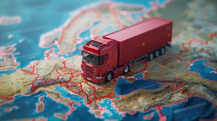 truck with red container on map of europe, macro shot.
