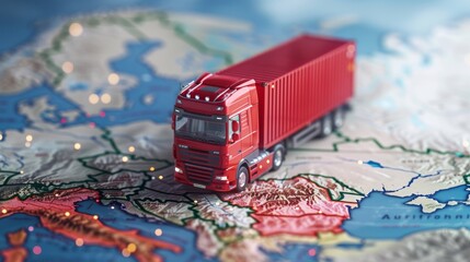 truck with red container on map of europe, macro shot.