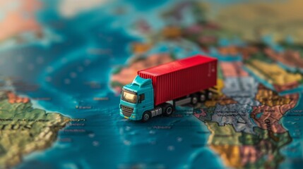 truck with red container on map of europe, macro shot.
