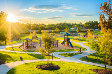 A suburban community park with playgrounds and green spaces, bustling with activity as the sun rises.