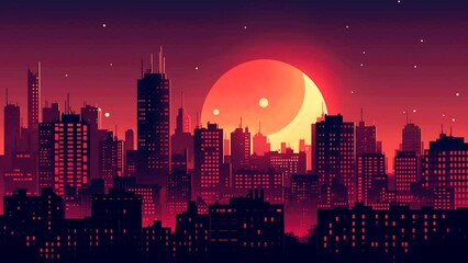 Wall Mural - Animated night sky and shooting stars with cityscape background. looping time-lapse video