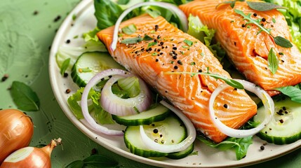 Wall Mural - delicious fillet salmon, cucumber, onion, green salad on green background . Generative Ai