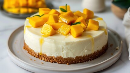 Wall Mural - Delicious glazed mango no baked cheese cake with fresh diced mango pulp topping. Generative Ai