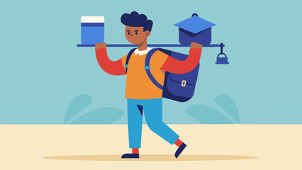 Wall Mural - An image of a student holding a large backpack with the ss breaking representing the weight of using loans for both tuition and living expenses.. Vector illustration