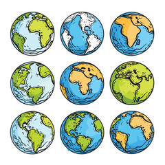 collection colorful handdrawn globes featuring various continents. cartoon style earth illustrations