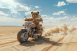 cheerful teddy bear riding motorbike in a desert, AI generated