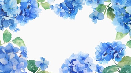 Wall Mural - watercolor blue hydrangea border frame, sky background, white space in the middle of picture, vector illustration.