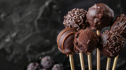 Chocolate cake pops ice cream on black background