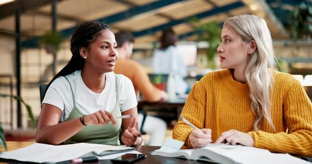 Poster - Woman, friends and learn in library, studying and books for exam on campus. Conversation, hand and writing notes for help and communication for female students, education and speaking with teamwork