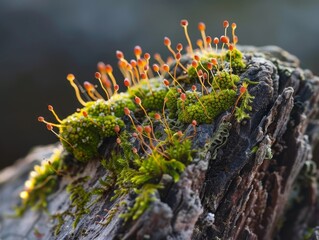 captivating macro photograph showcasing the delicate spore structures of moss thriving on a weathere