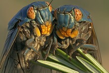 A Unique Close-up Of Two Blue And Orange Cicadas On Green Tree Leaves
