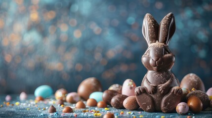 Wall Mural - Indulgent Easter Treats: Chocolate Eggs, Bunny, and Sweets on Dark Blue Background