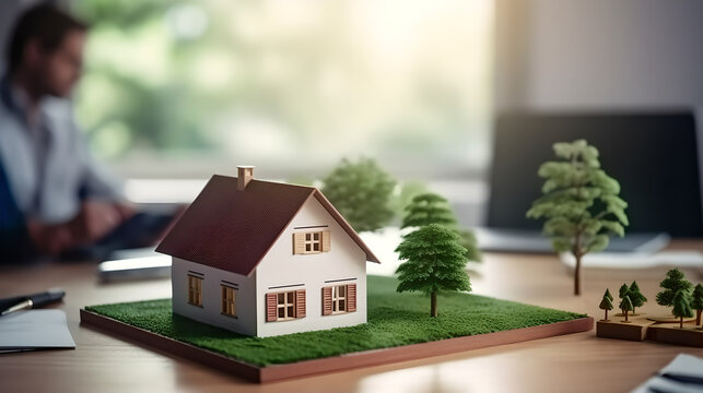 close up view of 3d render model of a house on table with buyer clients signing mortgage contract document in background with blur effect at estate agent, small living eco-friendly green home, agency