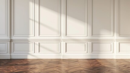 Wall Mural - White classic wall background, brown parquet floor. Generative Ai