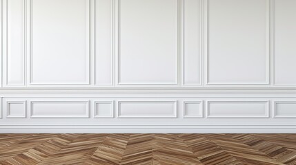 Wall Mural - Beautiful White classic wall background, brown parquet floor . Generative Ai