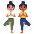Kid girl doing yoga tree pose Vrikshasana. Fitness concept. Flat vector illustration on white