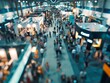 © Creation    Art - Exhibition expo event trade fair hall with busy bustling people walking to conferences  in a modern hall crowded  business people with a bokeh effect. Generative AI
